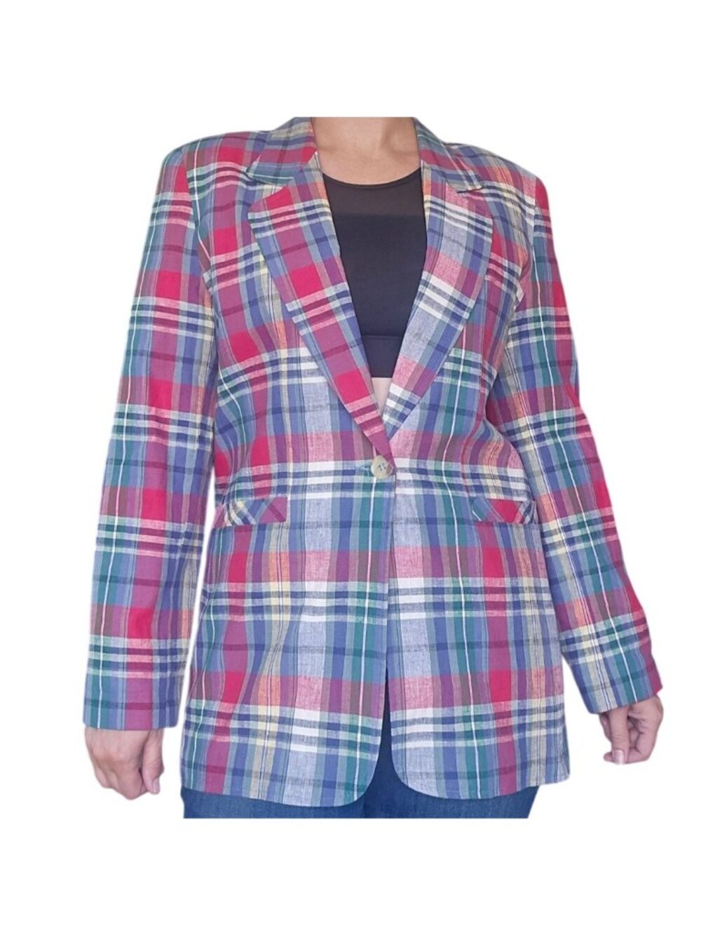 Vintage 90s Hill Country Plaid Linen Cotton Blend Blazer Women Size 12 Academia